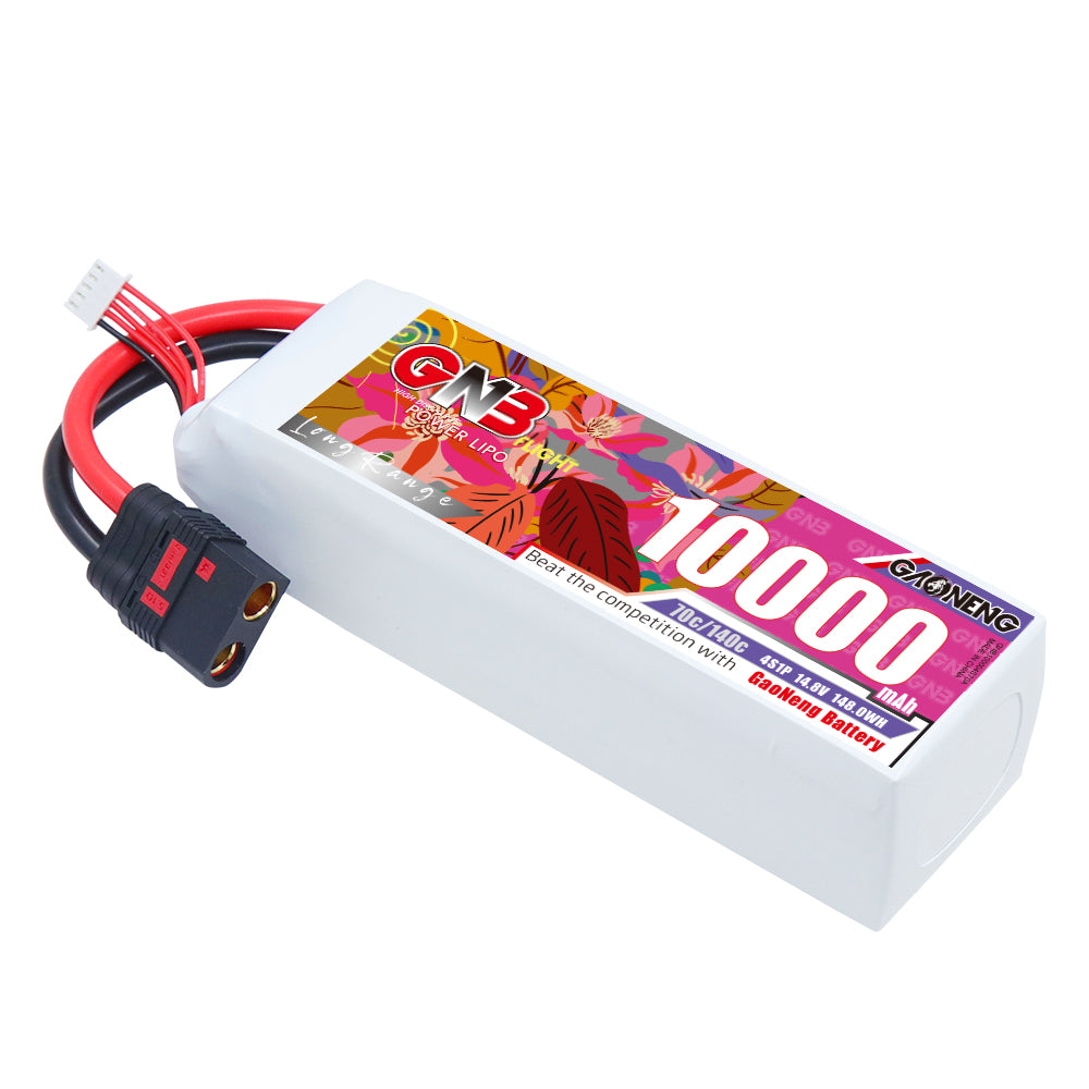 GNB 4S 10000mAh 70C LiPo battery pack with QS8 connector, angled view