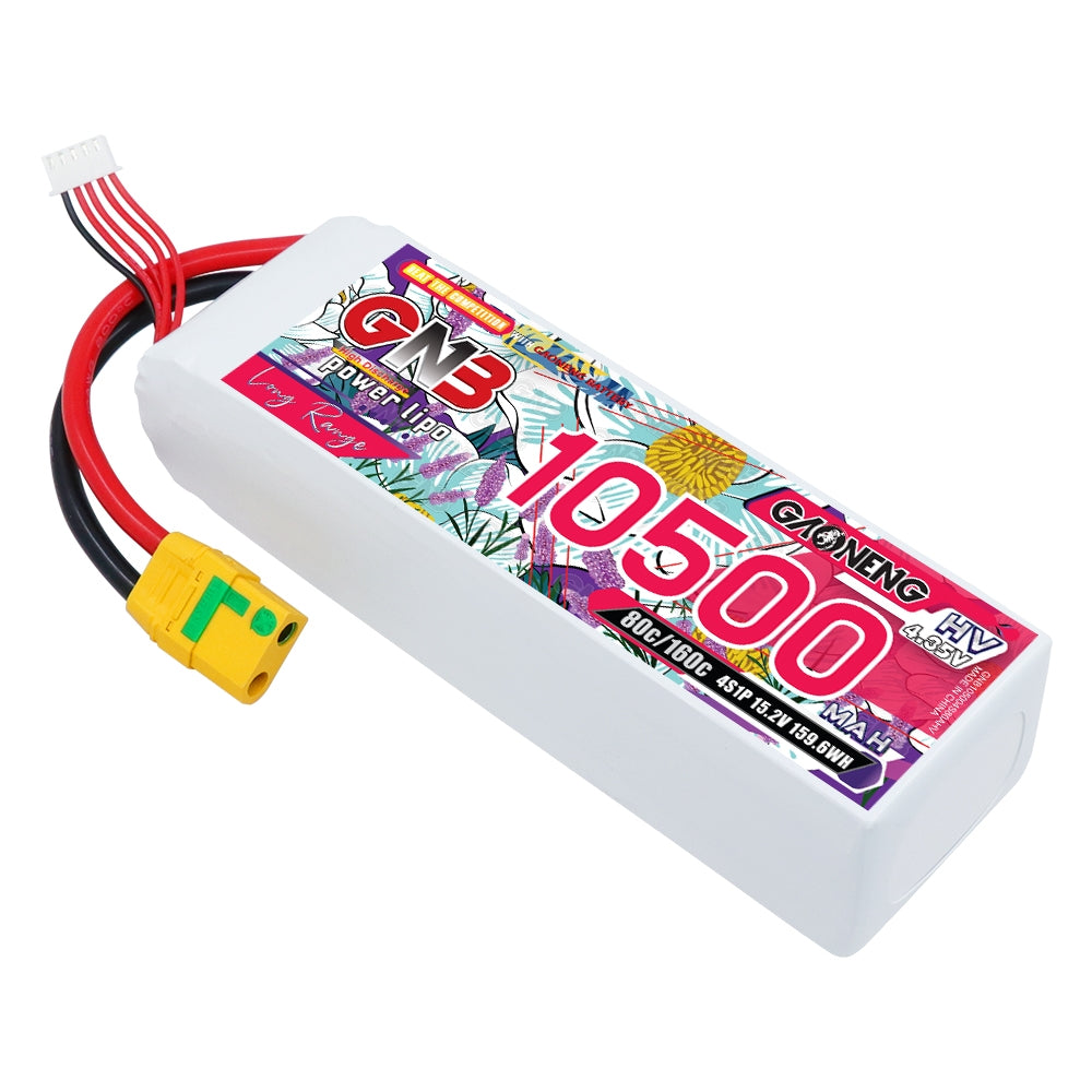 GNB 4S HV 15.2V 10500mAh LiPo battery pack with XT90S anti-spark plug and balance lead