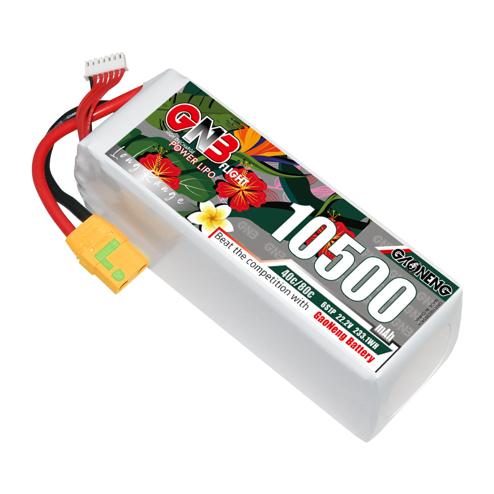 GAONENG GNB 6S 10500mAh LiPo battery with XT90S plug and balance lead, angled view
