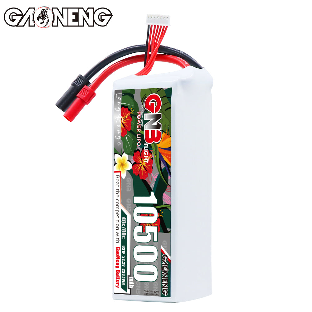 Front view of GAONENG GNB 10500mAh battery standing upright with XT150 connector and balance plug