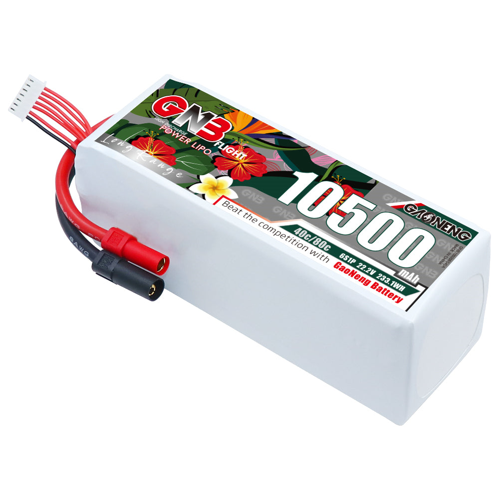 GAONENG GNB105006S40A 6S 10500mAh 40C LiPo battery with XT150 leads and balance plug, angled view