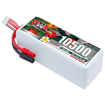 GAONENG GNB105006S40A 6S 10500mAh 40C LiPo battery with XT150 leads and balance plug, angled view