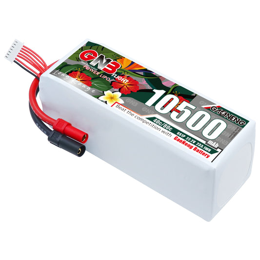 GAONENG GNB105006S40A 6S 10500mAh 40C LiPo battery with XT150 leads and balance plug, angled view