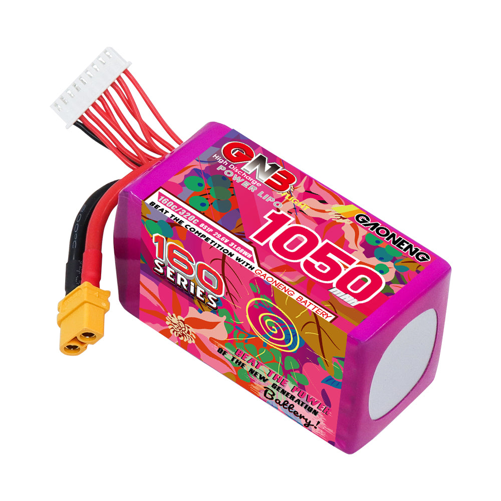 Angle view of GNB 1050mAh 160C 8S graphene LiPo battery showing end pad, XT60 connector, and balance plug