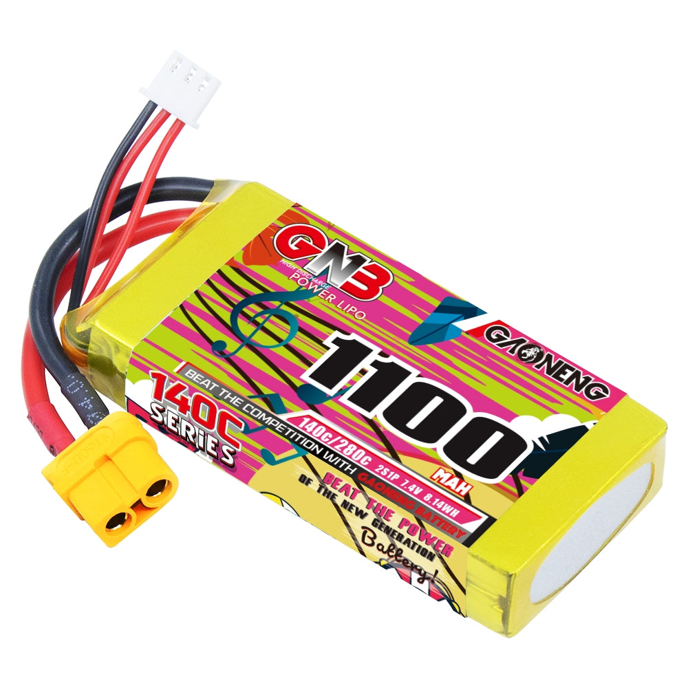 Single GNB 1100mAh 2S LiPo battery close view showing XT60 connector and balance plug