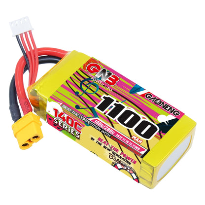 GNB 1100mAh 3S LiPo battery close-up showing label and XT60 discharge plug with balance connector