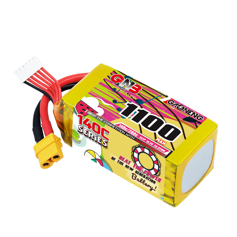 GNB 1100mAh 140C LiPo battery on side, showing XT60 plug and 5S balance connector