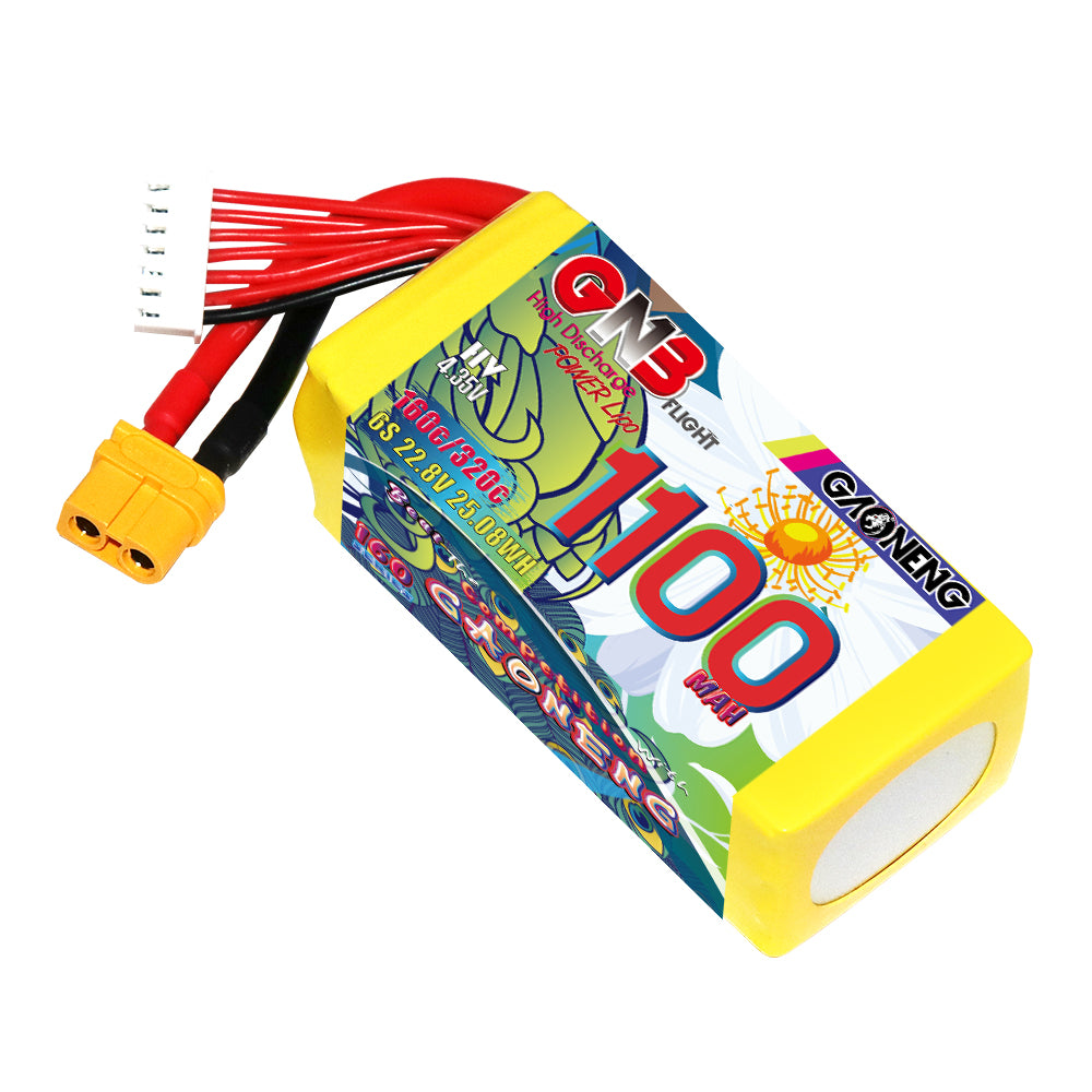 GNB 1100mAh LiHV LiPo battery angled view showing XT60 plug and 6S balance connector