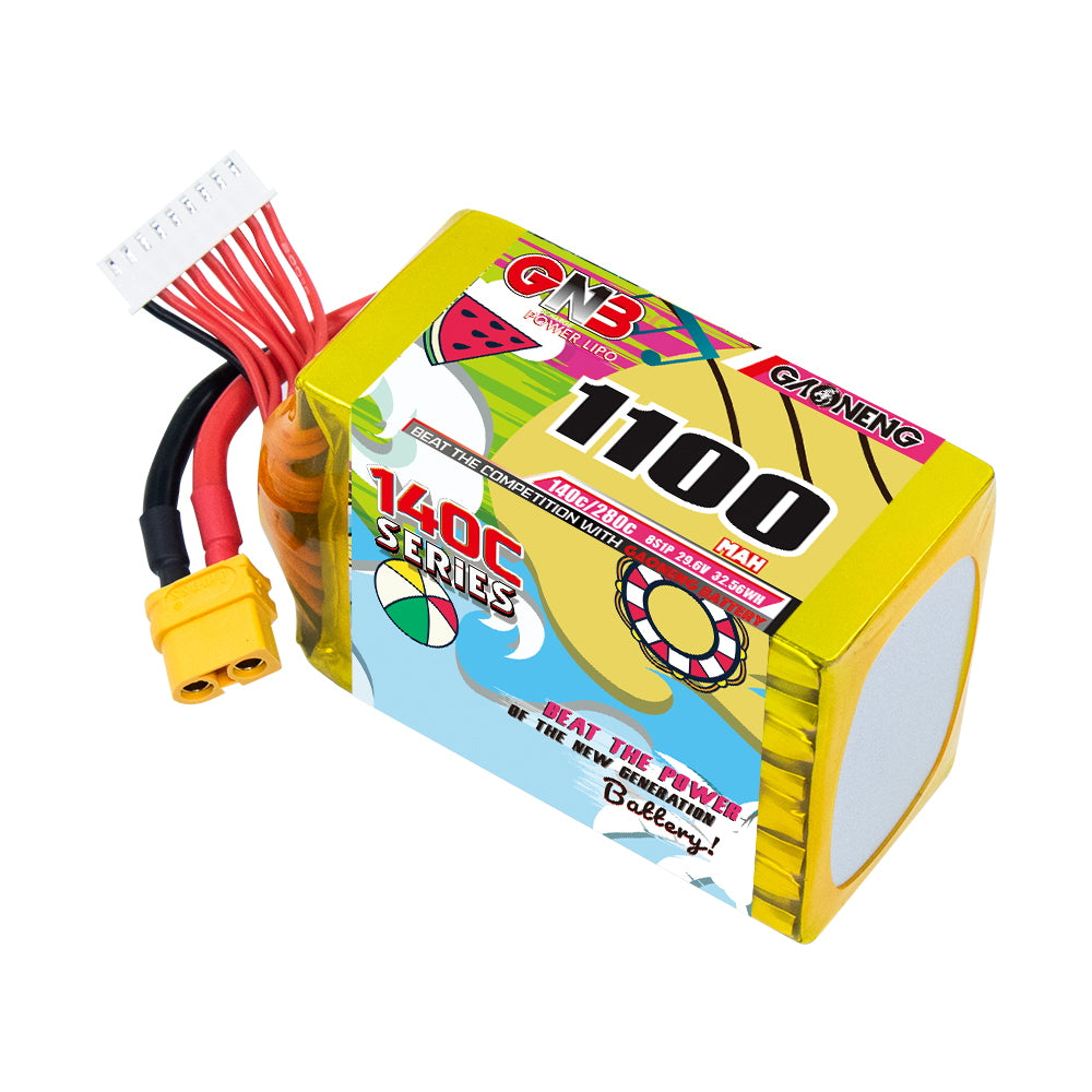 GAONENG 8S 1100mAh 140C graphene LiPo battery angled view showing yellow wrap and XT60 plug