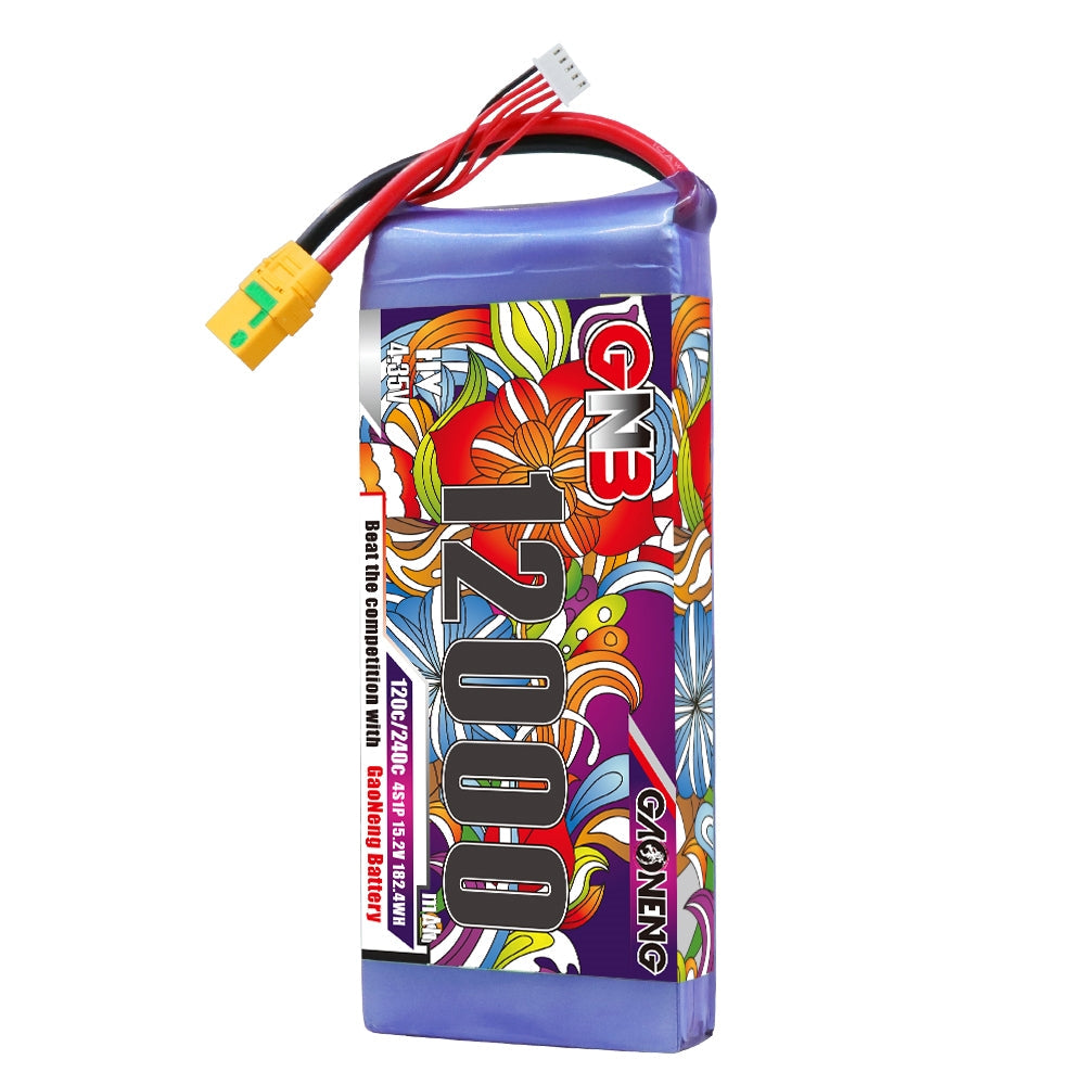 GAONENG GNB 12000mAh 4S 15.2V HV 120C LiPo battery with XT90S-F plug, front label view