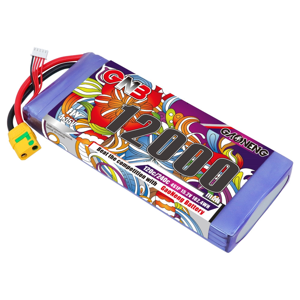 Angled top view of GNB 12000mAh 4S HV LiPo battery showing thickness and connector leads