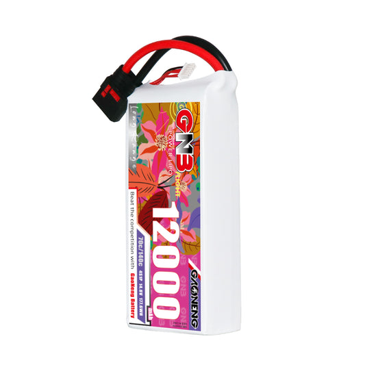 GAONENG GNB 4S 14.8V 12000mAh 70C RC LiPo battery pack with QS8 connector front angled view