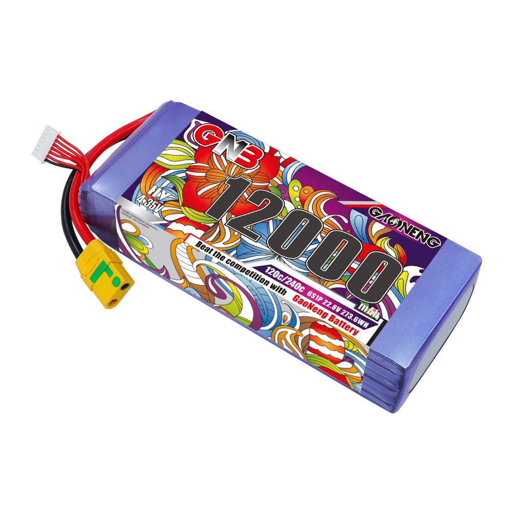 GAONENG GNB 6S 12000mAh HV LiPo battery 22.8V 120C with XT90S-F connector, angled view