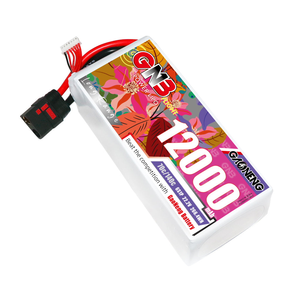 Angled view of GNB 12000mAh LiPo battery showing front label, QS8 connector, and balance lead