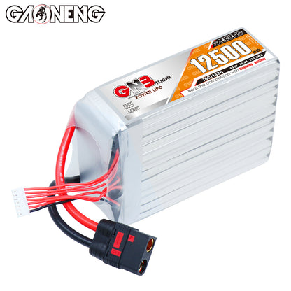 Angled top view of GNB HV 12500mAh LiPo battery showing label and QS8 connector