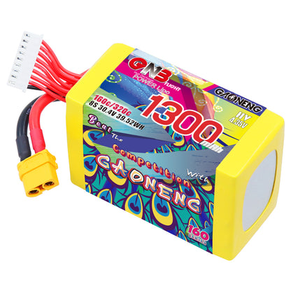 Single GAONENG GNB 1300mAh 8S LiHV pack, label side shown with XT60 plug and balance connector