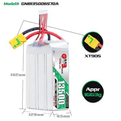 GNB135006S70A battery dimensions graphic showing 142mm x 129mm x 45mm and XT90S connector