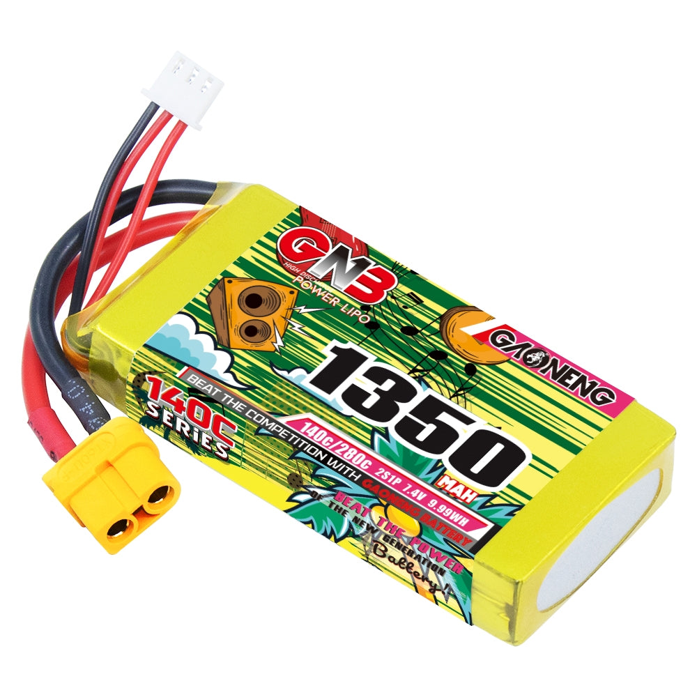 Single GNB 2S 7.4V 1350mAh 140C LiPo battery with XT60 plug and white balance connector