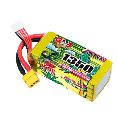 GNB 1350mAh 4S LiPo battery angled view showing label and XT60 connector leads