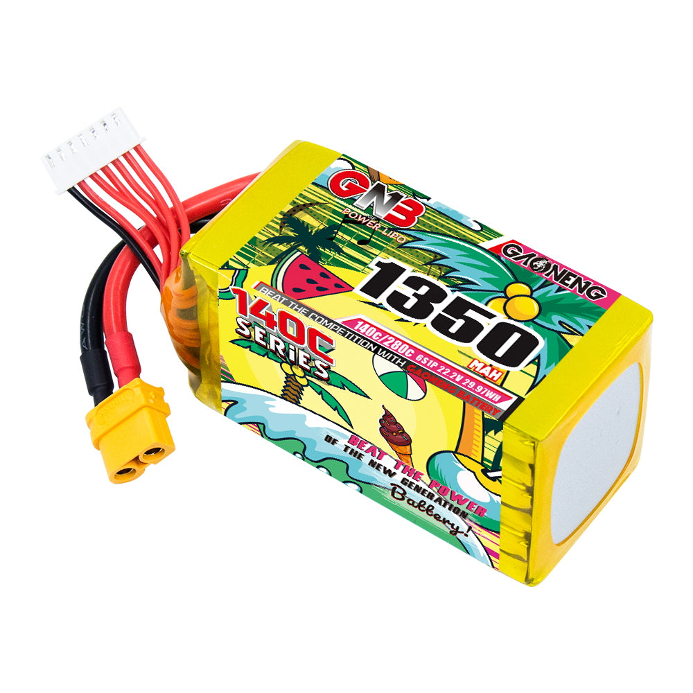 GNB 1350mAh 6S LiPo battery angled view showing XT60 plug and balance connector leads