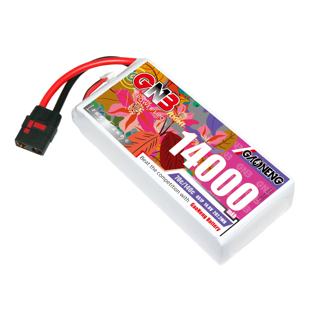 Angled view of GNB 14000mAh LiPo battery showing QS8 connector, balance lead, and front label
