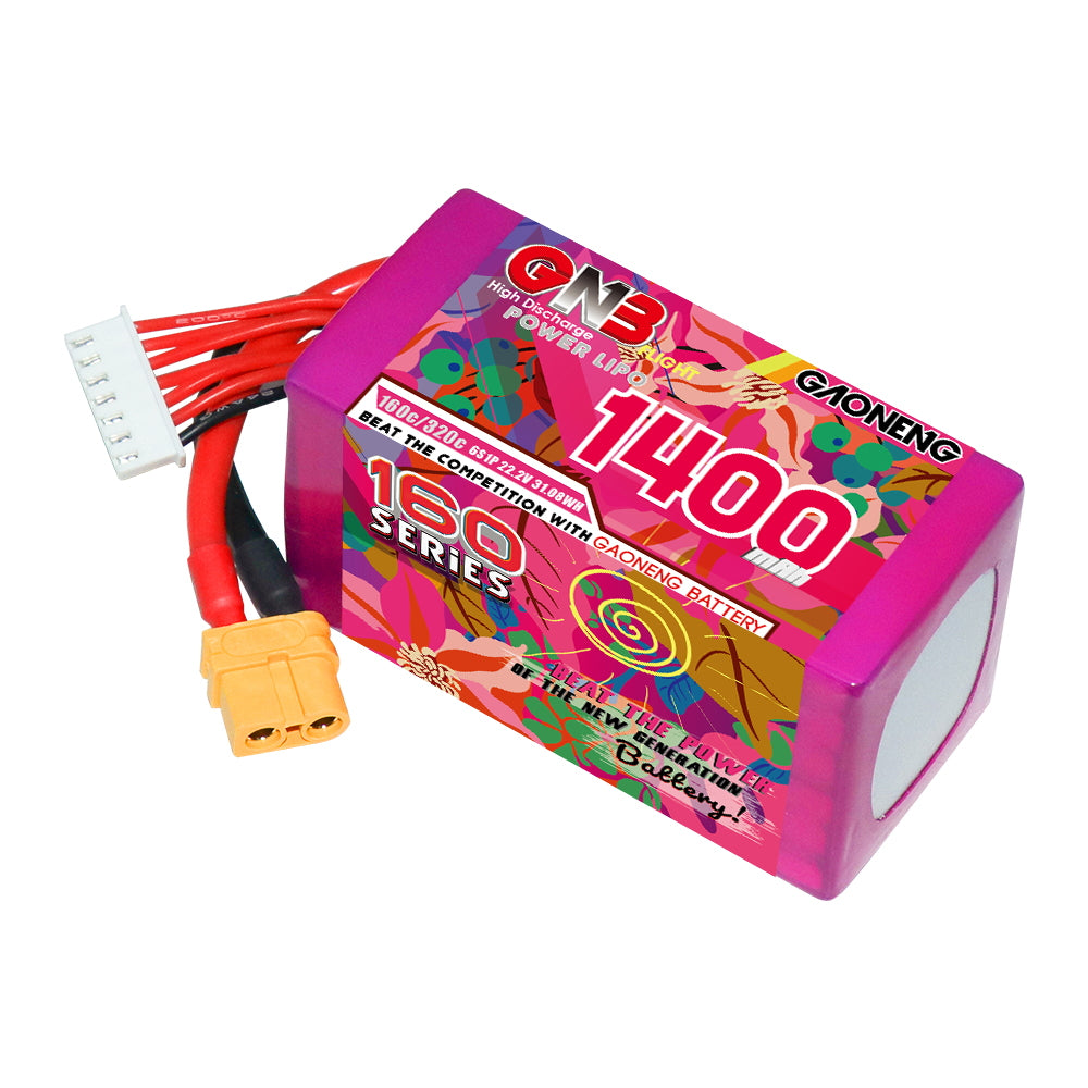 Angled view of GAONENG GNB 160 series 1400mAh LiPo pack with XT60 connector and balance cable