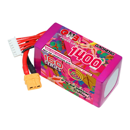 Angled view of GAONENG GNB 160 series 1400mAh LiPo pack with XT60 connector and balance cable