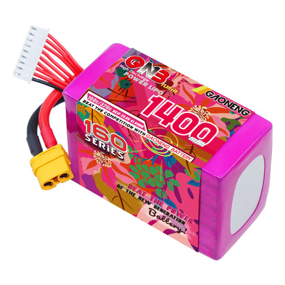 GNB 8S 29.6V 1400mAh 160C graphene LiPo battery close-up with XT60 connector and balance plug