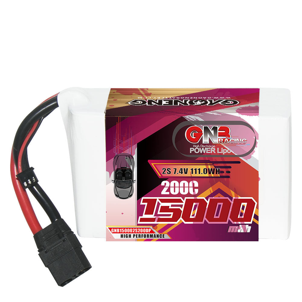GAONENG GNB 2S 7.4V 15000mAh 200C LiPo battery pack with XT90 lead, label showing 2S 7.4V 111.0Wh