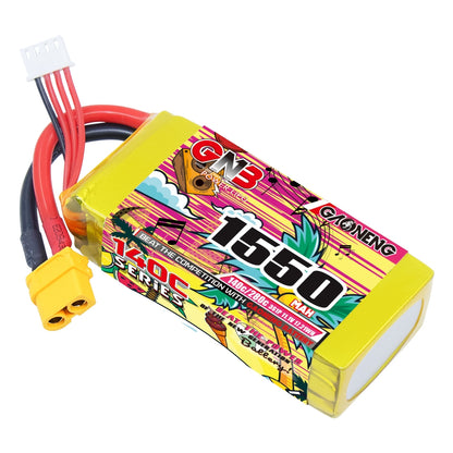 GAONENG GNB 3S 11.1V 1550mAh 140C LiPo battery close-up showing 1550 label, XT60 and balance lead