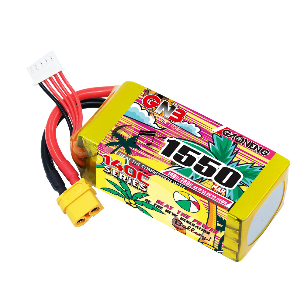 GNB 1550mAh 4S LiPo battery angled view showing label, XT60 plug, and balance connector