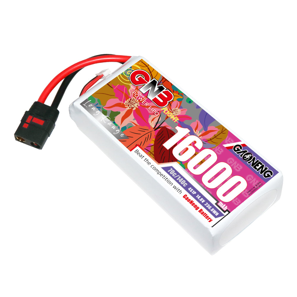 GAONENG GNB 4S 16000mAh 70C LiPo battery with QS8 discharge lead, angled top view