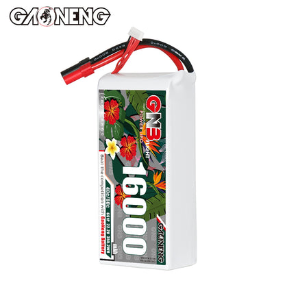 Side profile of 16000mAh LiPo battery showing thickness and top lead exit with balance plug