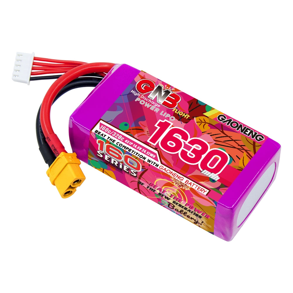 Single GNB 1630mAh 4S LiPo battery, purple wrap with XT60 connector and balance lead