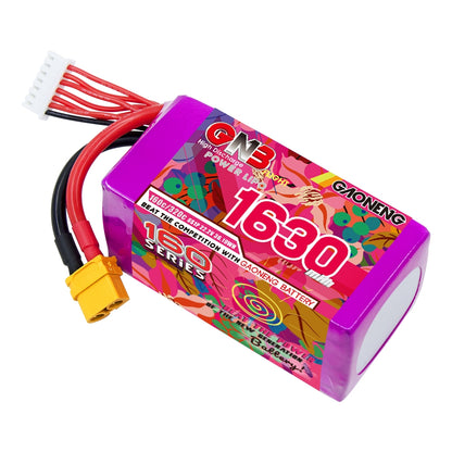 GNB 1630mAh 6S 160C LiPo battery close-up showing XT60 plug and balance lead