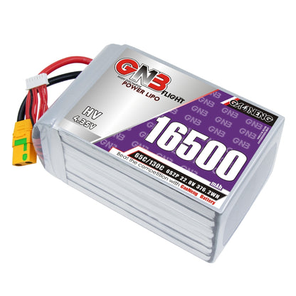GAONENG GNB165006S65AHV HV 6S 16500mAh 65C LiPo battery with XT90S lead, angled view