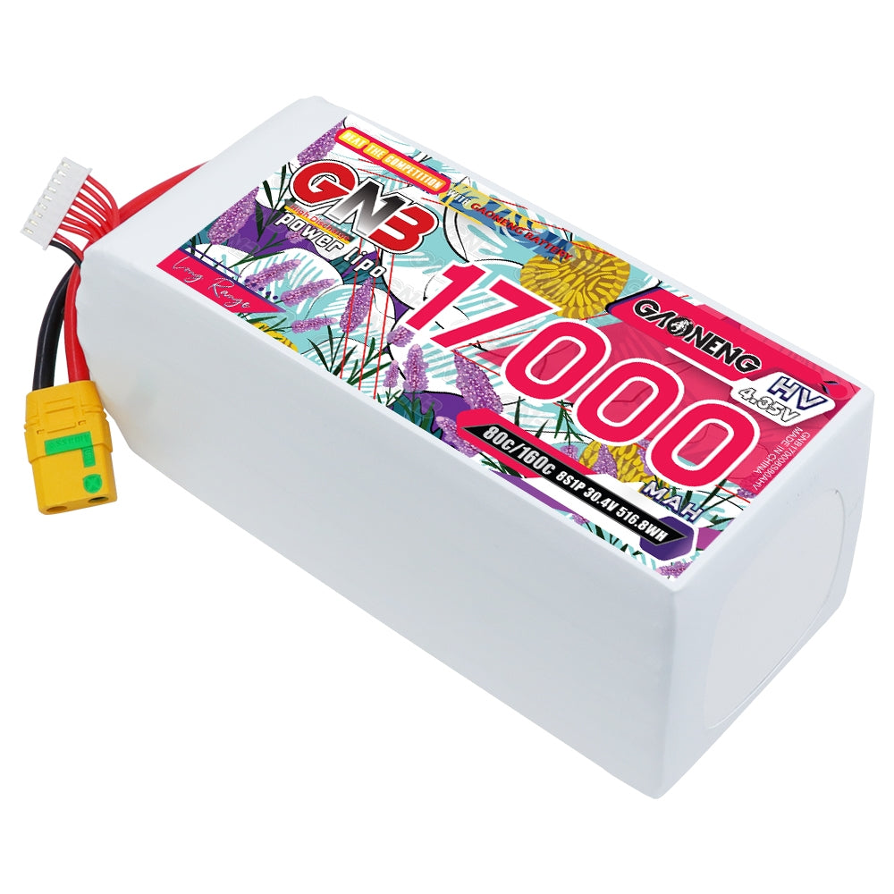 GAONENG GNB 17000mAh 8S HV LiPo battery with XT90S anti-spark connector, angled view