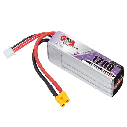 Single GNB 2S 1700mAh LiHV LiPo battery angled view showing XT30 connector and balance plug