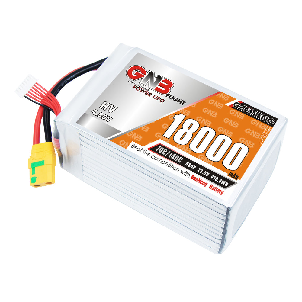 GNB 6S 18000mAh HV LiPo battery 70C top angle view showing wrap and wire leads