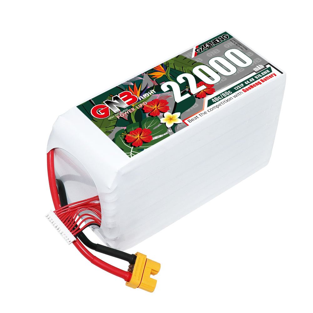 GAONENG GNB 12S 44.4V 22000mAh 40C LiPo battery with AS150 connector, angled top view