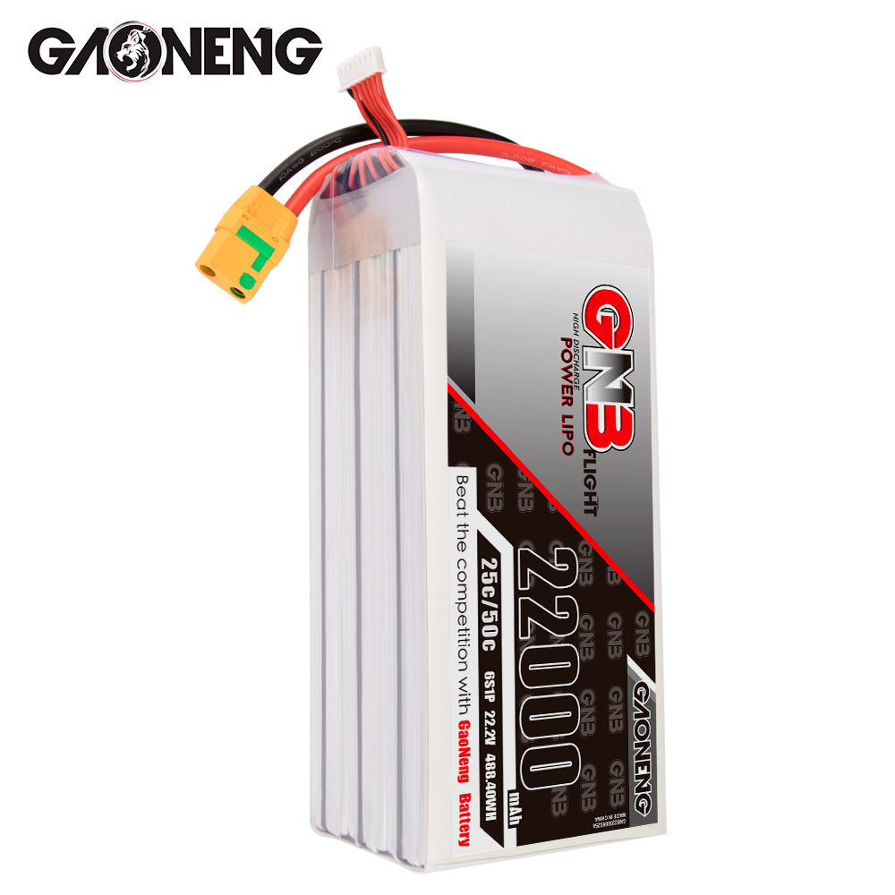 Rear/side perspective of GAONENG GNB battery showing XT90S connector and balance lead at top