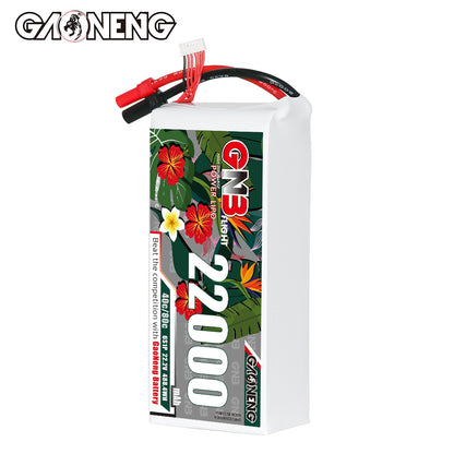 Upright side view of the GNB 22000mAh pack showing label and wire exit on top