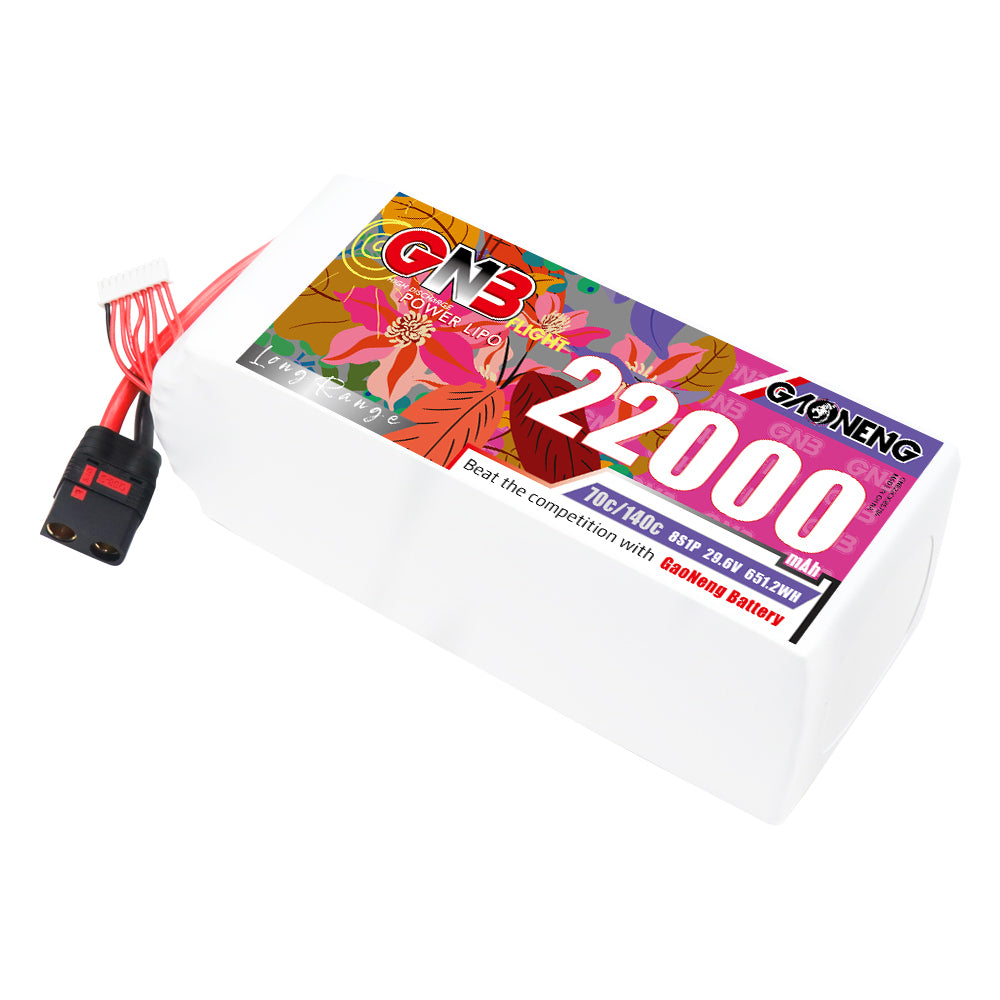 GAONENG GNB 8S 22000mAh 29.6V 70C LiPo drone battery with QS8 connector, angled top view