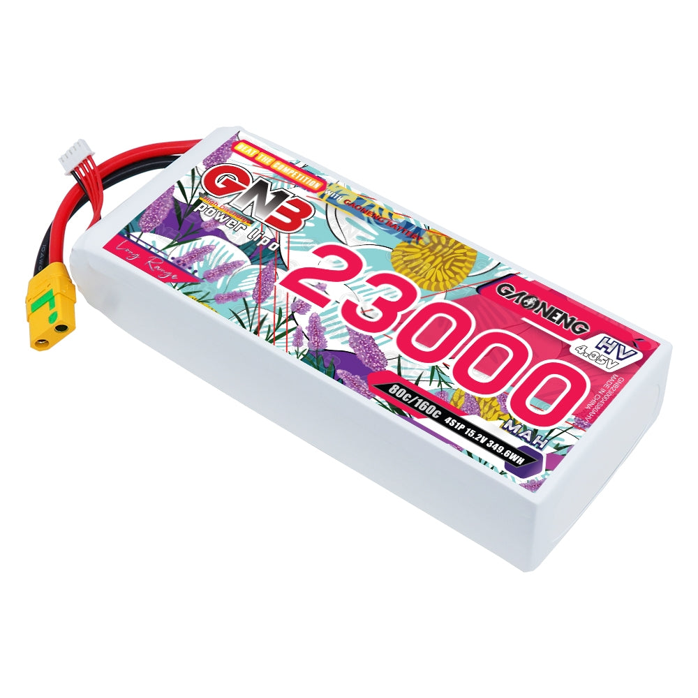 GNB 4S 15.2V HV 23000mAh 80C LiPo battery with XT90S anti-spark connector, angled view
