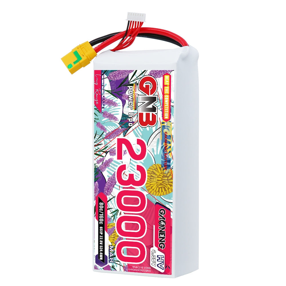 GAONENG GNB 6S 22.8V HV 23000mAh 80C LiPo battery pack, front label with XT90S anti-spark lead