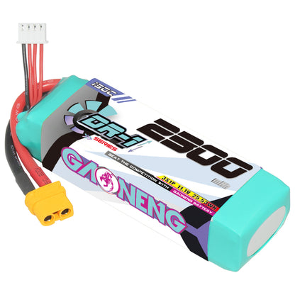 Close-up angled view of GAONENG GNB 2300mAh 3S 150C LiPo battery with XT60 discharge plug