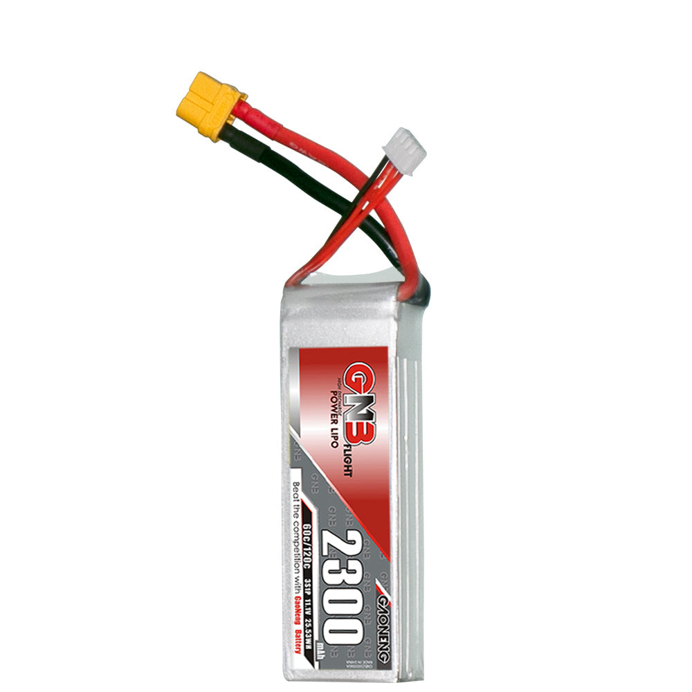 GNB 3S 11.1V 2300mAh 60C LiPo battery with XT60 connector and balance lead, upright view