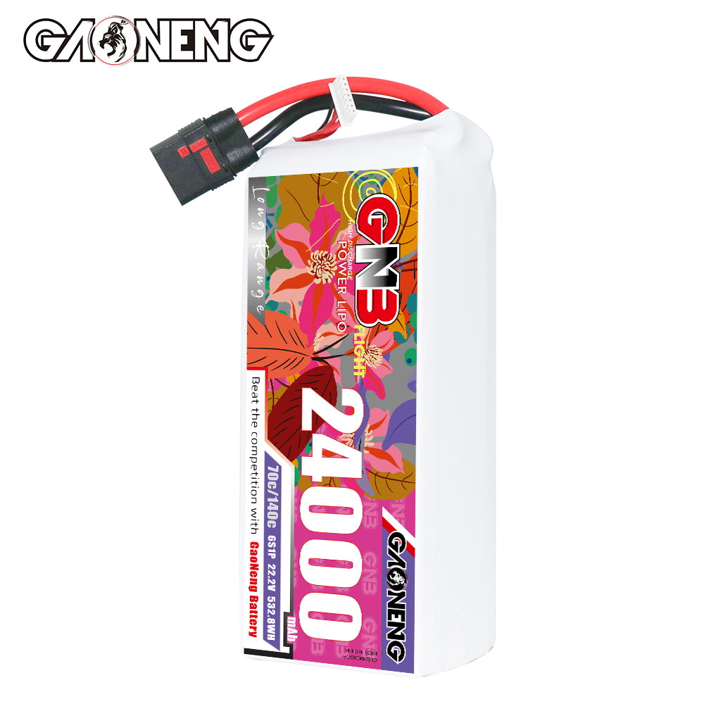 Upright side profile of GNB 24000mAh battery pack showing label edge and QS8 lead exit