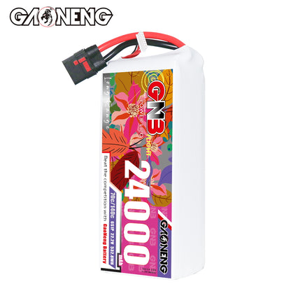 Upright side profile of GNB 24000mAh battery pack showing label edge and QS8 lead exit