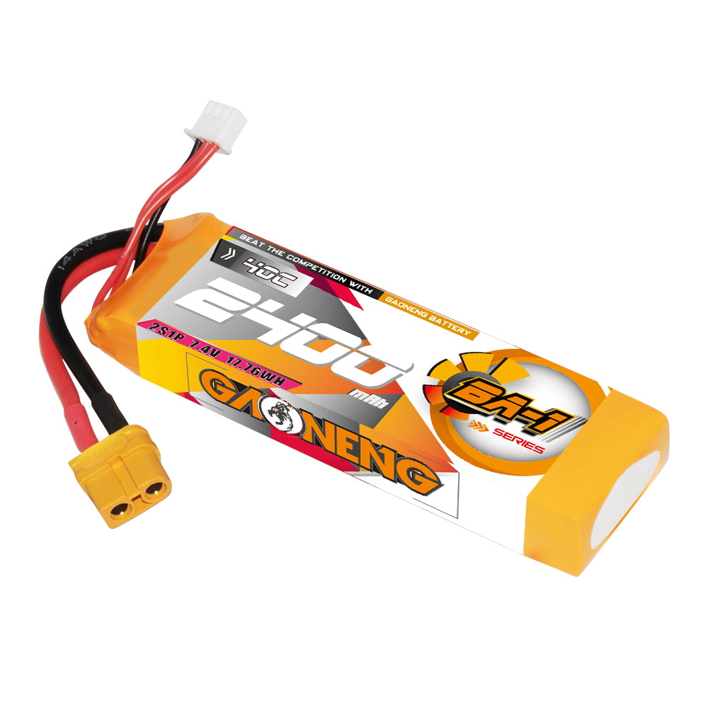 GAONENG GNB BA-1 2S 7.4V 2400mAh 40C LiPo battery angled view showing XT60 discharge plug and wires